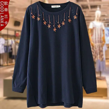 加肥加大码女遮肚子上衣春装新款2022中年胖妈妈时尚洋气绣花T恤商品大图