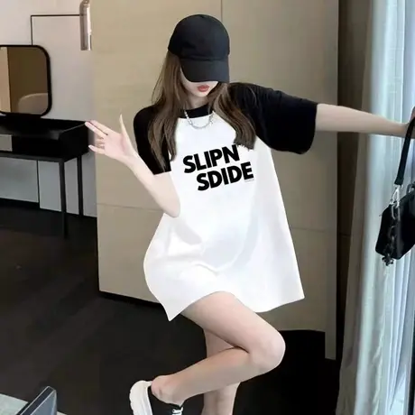 夏季新款短袖撞色拼色宽松大码显瘦中长款纯棉t恤女遮屁股上衣潮图片