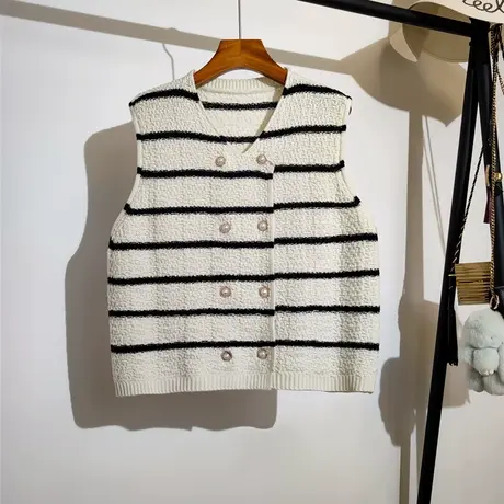 黑白条纹针织马甲开衫女春秋洗看宽松v领双排扣毛衣背心坎肩外套图片
