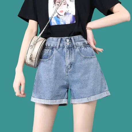 花苞翻边牛仔短裤女2023夏季新款阔腿宽松高腰直筒显瘦a字裤子女图片