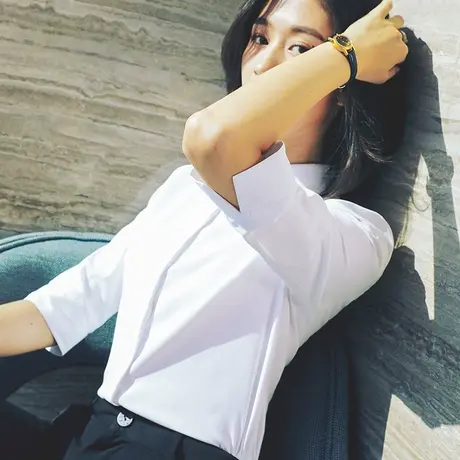 雀后白色衬衫女七分袖职业气质正装工装上衣OL工作服抗皱中袖衬衣商品大图