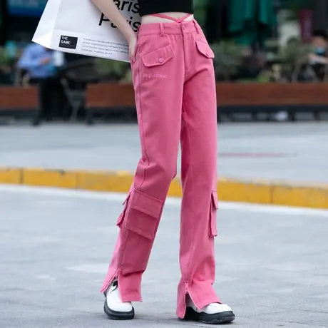 玫红色裤子女高腰阔腿裤工装牛仔裤女2024新款春秋季彩色拖地长裤图片