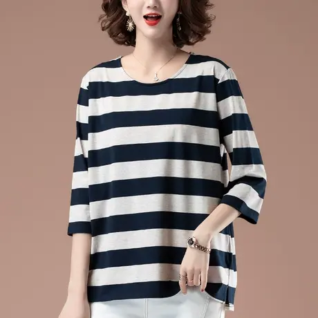 七分袖t恤女春夏新款加肥加大码女装宽松纯棉妈妈半袖条纹打底衫商品大图