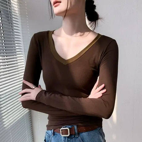歌倍尚撞色拼接V领长袖T恤女2025早秋新款修身显瘦西装内搭打底衫图片