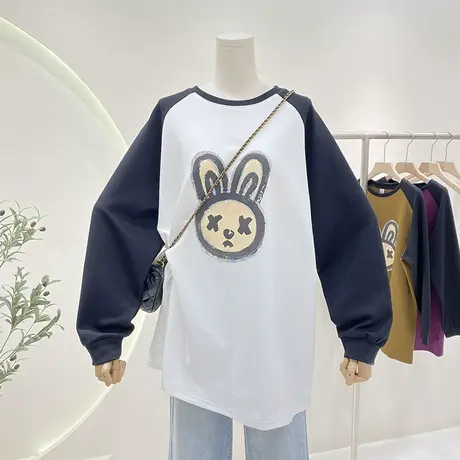 长袖t恤女春秋新款宽松胖MM百搭插肩袖卡通兔子印花中长款打底衫商品大图