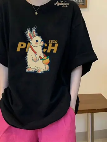 大码美式复古短袖T恤女夏季2023年新款胖MM宽松显瘦仿棉黑色上衣图片