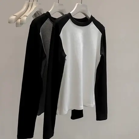 设计感小众撞色拼接长袖T恤女2023秋季新款宽松显瘦插肩袖上衣潮商品大图