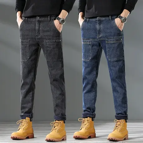 秋冬款痞帅潮牌多口袋直筒美式工装秋季男款弹力高端休闲牛仔裤子图片