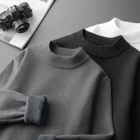 加绒一体绒男士打底中领毛衣男秋冬修身休闲半高领加厚保暖针织衫商品大图