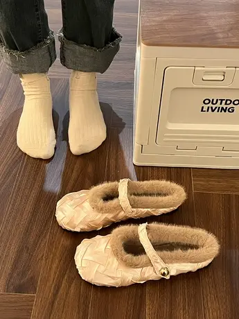 平底小香风加绒毛毛棉拖鞋女鞋子外穿2023秋冬新款玛丽珍包头半拖商品大图