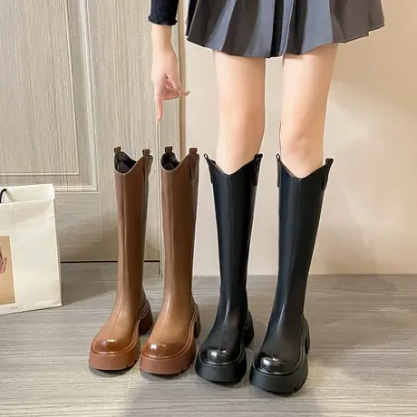 长筒靴女2023年春秋季新款小个子粗腿显瘦时装靴子粗跟厚底骑士靴商品大图