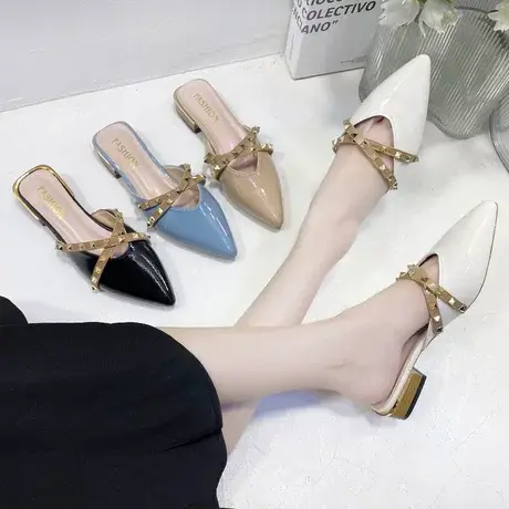 网红ins包头半拖鞋女外穿2023新款夏季时尚百搭铆钉尖头穆勒女鞋商品大图