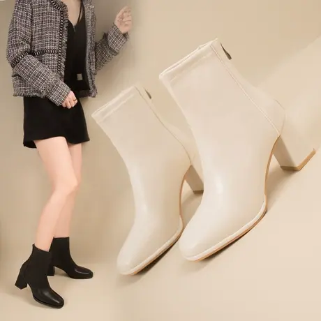 靴子女2023新款韩版超火厚底白色粗跟短靴女款秋冬法式高跟瘦瘦靴图片