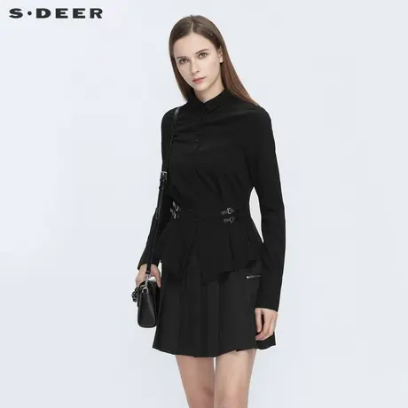 sdeer圣迪奥女装春秋装休闲翻领搭袢拼接不规则长袖衬衫S21180521图片