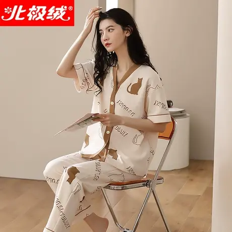 北极绒睡衣女2022年新款夏季薄款纯棉宽松大码短袖长裤家居服套装商品大图