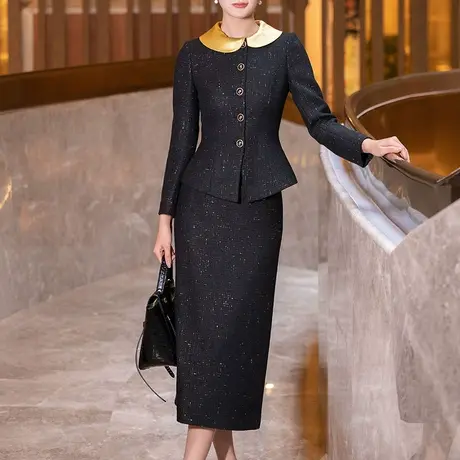 黑色小香风套装裙春秋2025新款时尚气质洋气端庄半身裙毛呢两件套图片