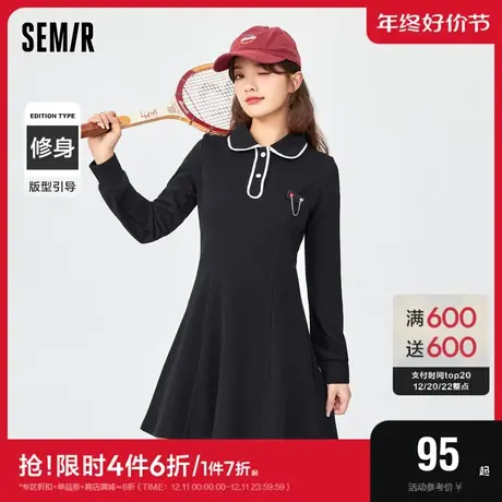 森马连衣裙女修身撞色气质裙子2022秋季新款优雅长袖小黑裙甜酷风图片