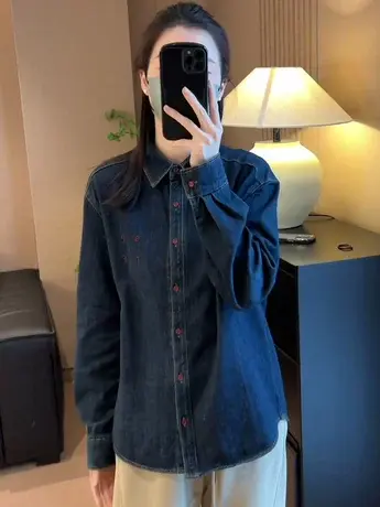 港风复古蓝色加绒牛仔衬衫外套女秋冬2023新款宽松叠穿长袖上衣潮商品大图