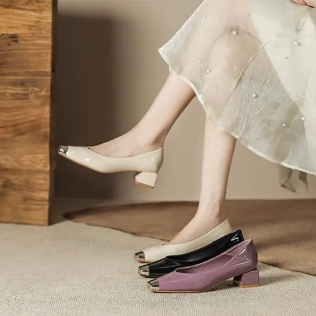 高跟鞋女粗跟2024年新款气质方头防踢金属头通勤时尚百搭中跟单鞋商品大图