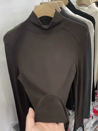 欧货半高领简约拼接加薄绒长袖T恤女2024秋冬新款百搭打底衫上衣图片