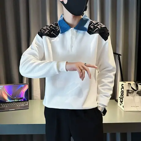 秋冬季时尚休闲拼接拼色翻领POLO衫长袖套头原宿ins个性男士卫衣商品大图