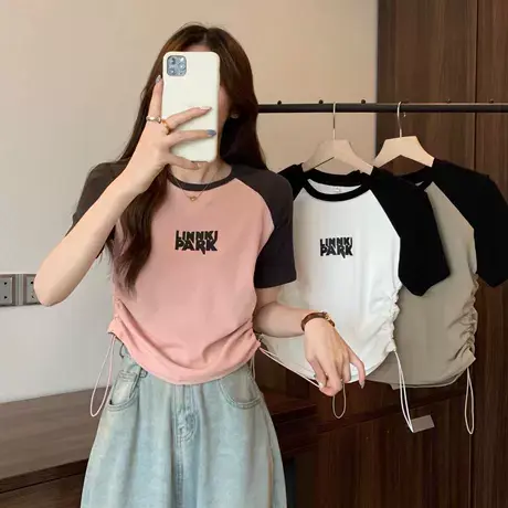 撞色插肩抽绳短袖t恤女夏设计感小众圆领正肩收腰小个子短款上衣商品大图