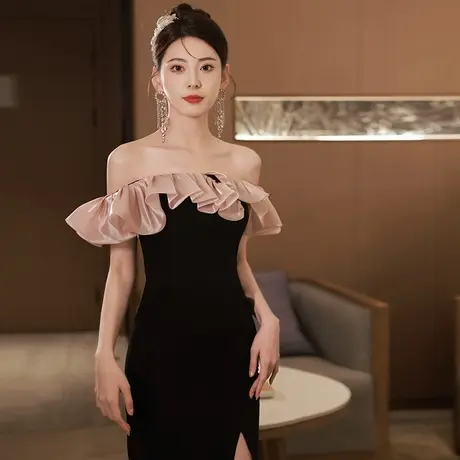 黑色轻奢晚礼服女高级感鱼尾性感气质开叉宴会主持人一字肩连衣裙商品大图