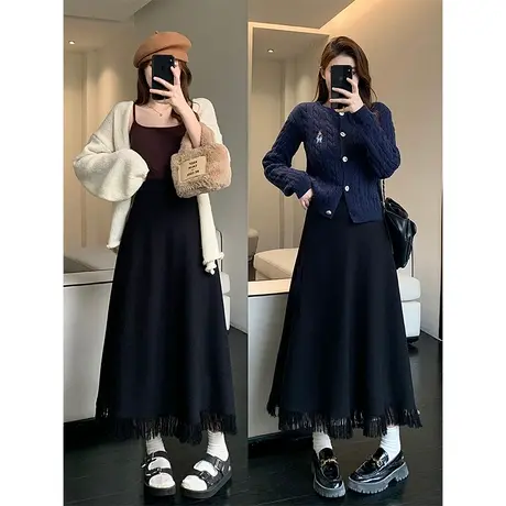 伊自尚冬装新款大码女装韩版时尚胖mm显瘦加厚高腰毛织流苏半身裙图片