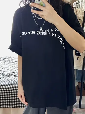 美式复古正肩纯棉短袖t恤女夏季大码宽松半袖潮牌ins慵懒风上衣服商品大图