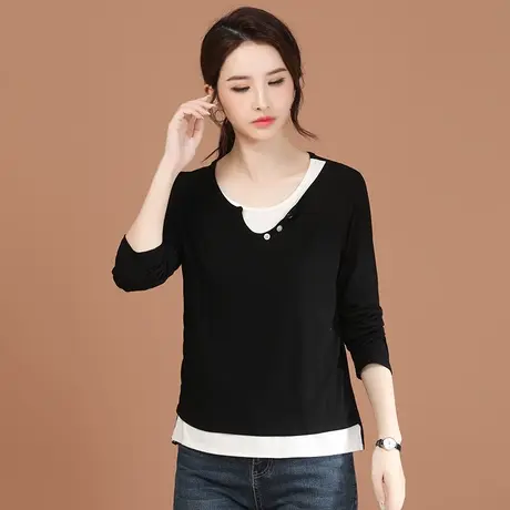 韩潮袭人假两件拼接长袖T袖女2024春季新款休闲显瘦打底衫上衣图片