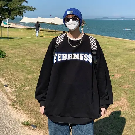 卫衣男秋季宽松港风潮牌晕染字母上衣服ins潮流休闲百搭圆领外套商品大图