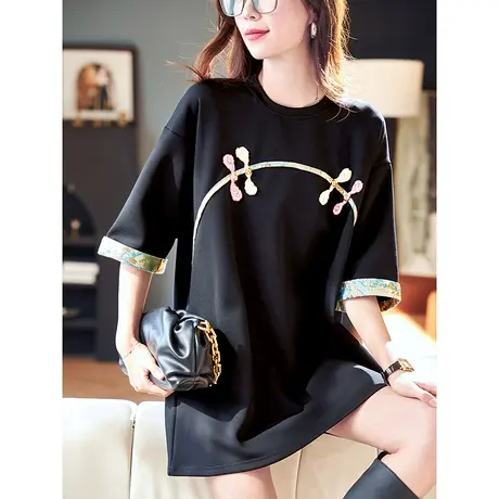 宝诗黎圆领刺绣国风中袖T恤女2024春季宽松休闲中长款百搭上衣潮图片