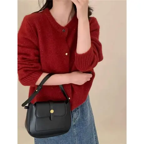 新年红色毛衣女款2024春秋新款针织开衫外套女高级感女装洋气上衣图片