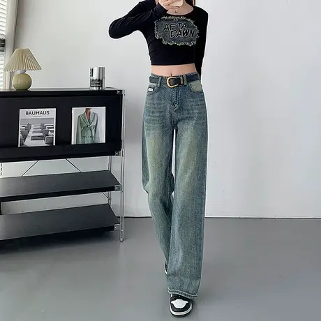 复古窄版阔腿牛仔裤女2024年新款春秋季高腰宽松显瘦拖地直筒裤子图片