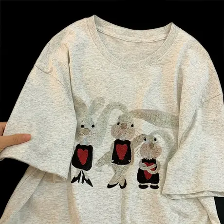 美式复古高级感短袖t恤女ins潮夏季小众设计感宽松正肩纯棉上衣服图片