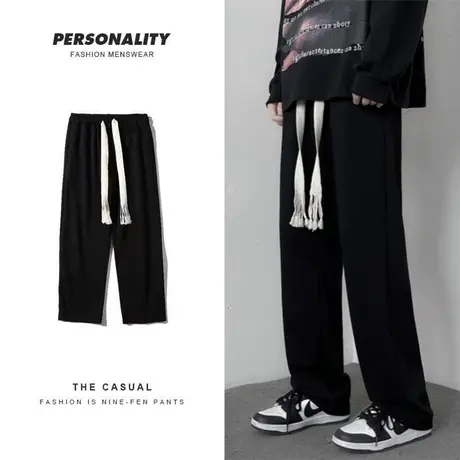 手工编织抽绳卫裤男宽松直筒ins高街大码阔腿裤潮流秋季加绒裤子图片