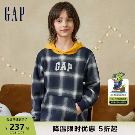 Gap男童冬季LOGO碳素软磨抓绒保暖卫衣休闲格纹运动连帽衫836849商品大图