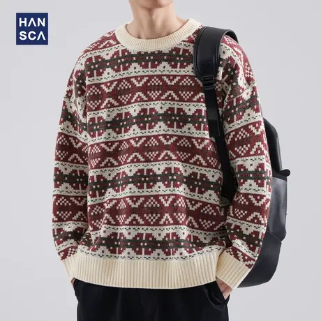 hansca条纹撞色毛衣男冬季新款国潮慵懒风宽松休闲针织衫线衣外套商品大图