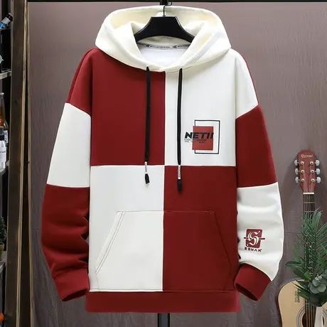 连帽卫衣套装男2024春季新款潮牌撞色拼接休闲上衣宽松男士两件套商品大图