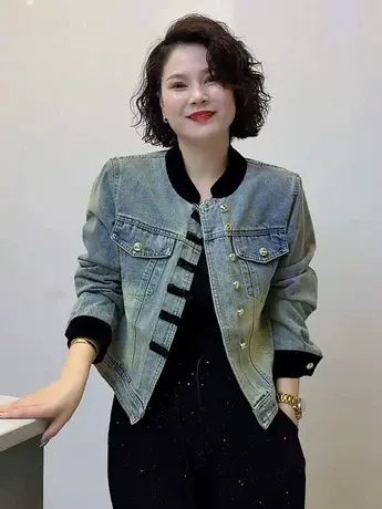 国风牛仔外套女新中式排扣上衣2024春季新款短款拼接立领夹克衫潮商品大图