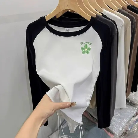 拼色t恤女春秋季长袖纯棉正肩抽绳圆领甜辣上衣短款设计感小众图片