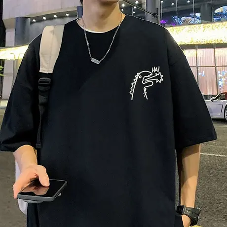 美式重磅纯棉小恐龙短袖t恤男夏季ins宽松潮流潮牌设计感高街半袖商品大图