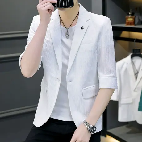 外套男士薄款夏季小西装七分袖潮流韩版百搭休闲帅气个性中袖西服商品大图