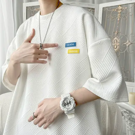 320g重磅华夫格短袖t恤男生夏季潮牌宽松男士大码半袖上衣服男款商品大图