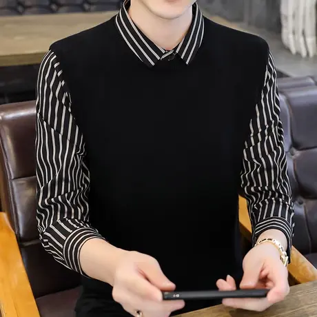 秋季新款假两件毛衣男休闲百搭青年高级感条纹衬衫领针织打底衫潮商品大图