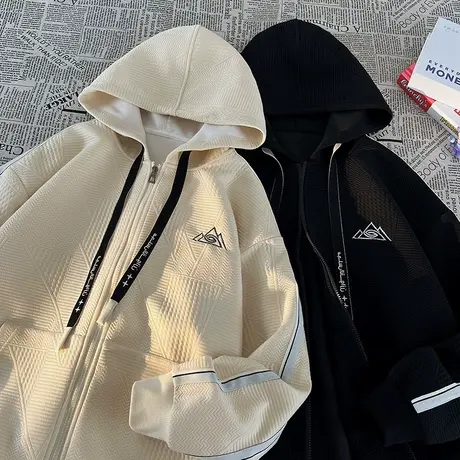 卫衣男秋季新款宽松拉链开衫连帽休闲上衣服潮流刺绣情侣帽衫外套商品大图