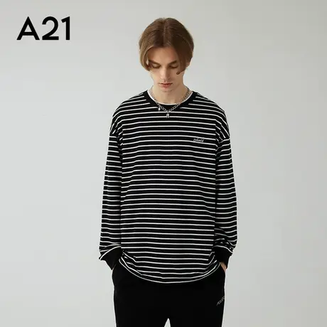 A21男装宽松长袖T恤秋季情侣复古条纹打底衫男士内搭上衣秋衣男款图片