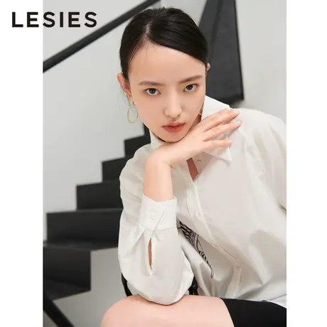 LESIES蓝色倾情 春秋女装线下专柜白色翻领丝巾图案印花宽松衬衫商品大图