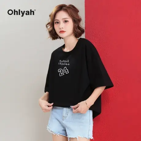 Ohlyah品牌 宽松t恤女短袖纯棉上衣中长款大版体恤黑色圆领打底衫商品大图