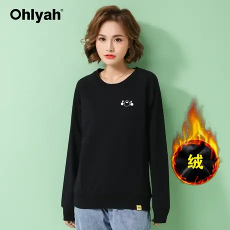 Ohlyah品牌加绒加厚卫衣女圆领黑色简约上衣长袖logo工作班服定制商品大图